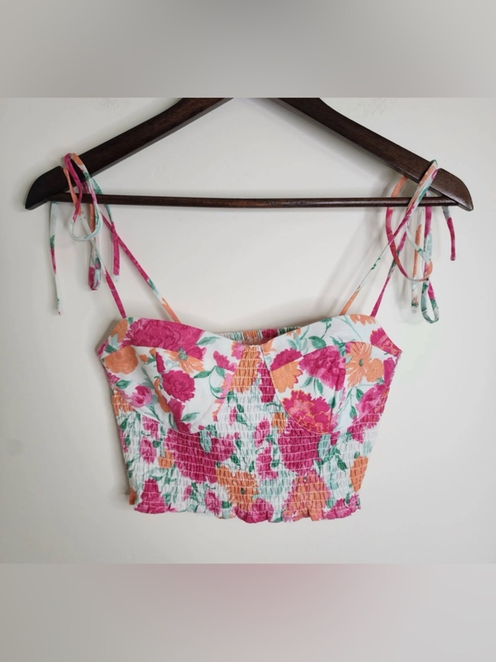 Wayf Floral Smocked Crop Top in Pink & Orange, Size XL, NWOT